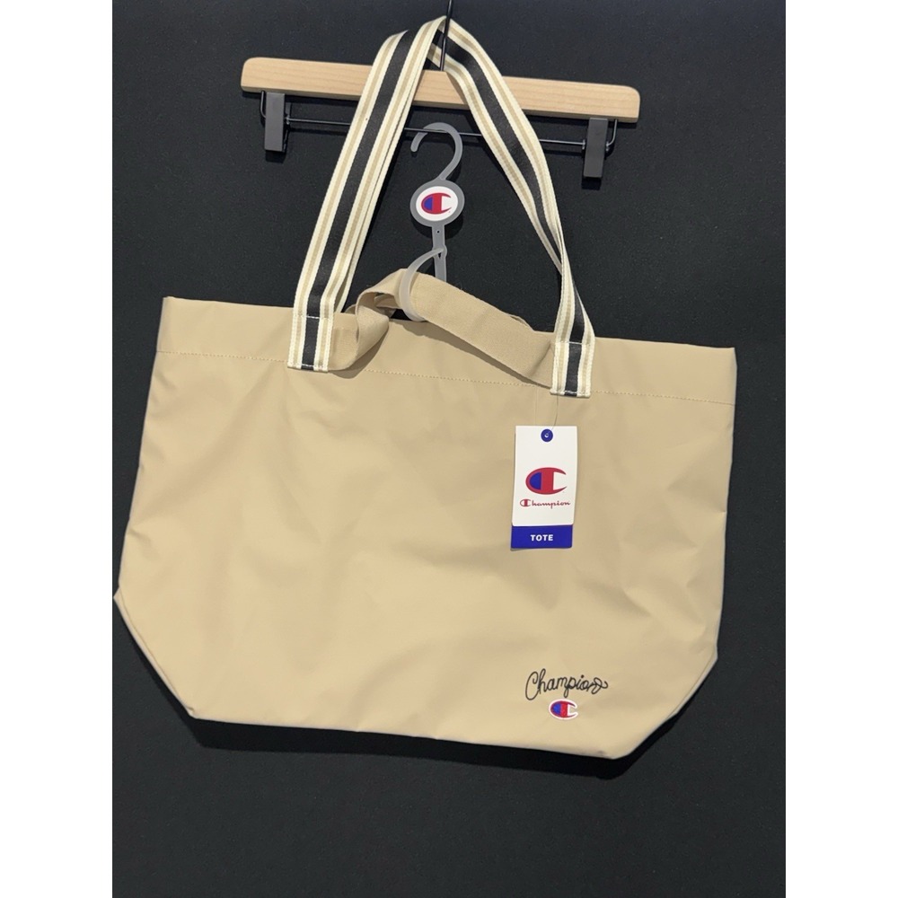 Champion Large Beige Tote Bag Zip Top Striped Handles Travel Gym NWT